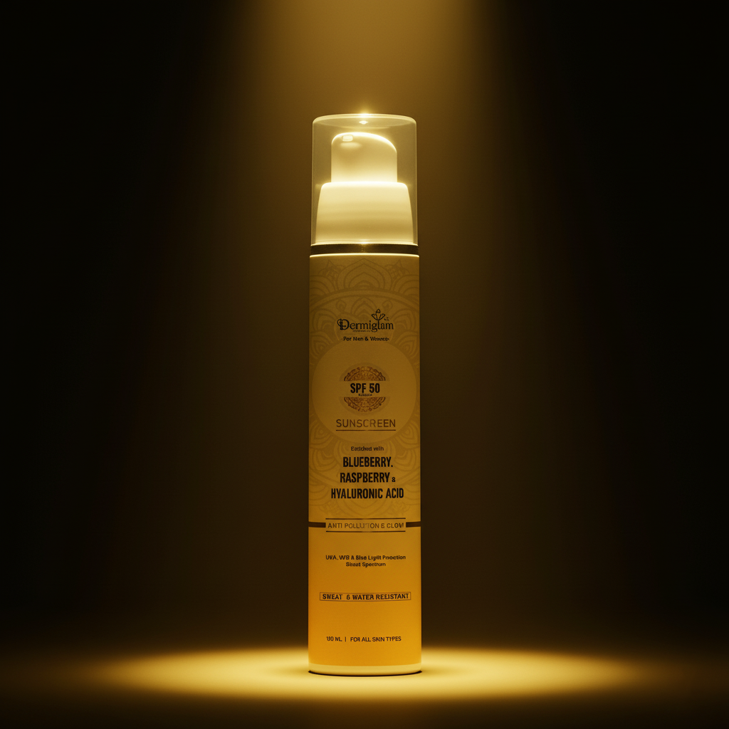 Close-up of Dermiglam Broad-Spectrum Sunscreen tube, providing SPF 50+ protection without a white cast